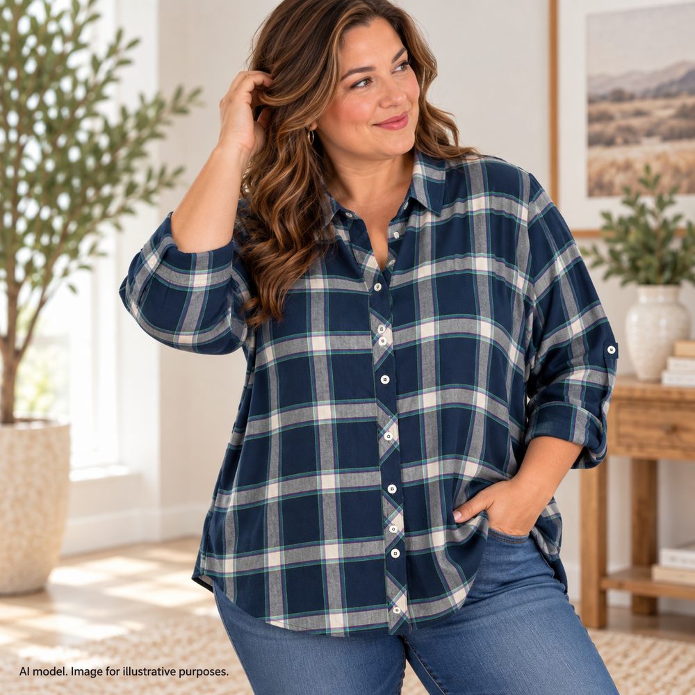 Foxcroft Shirt Womens 22W Blue Plaid Boxy Soft Cotton Stretch Tulip Hem Back